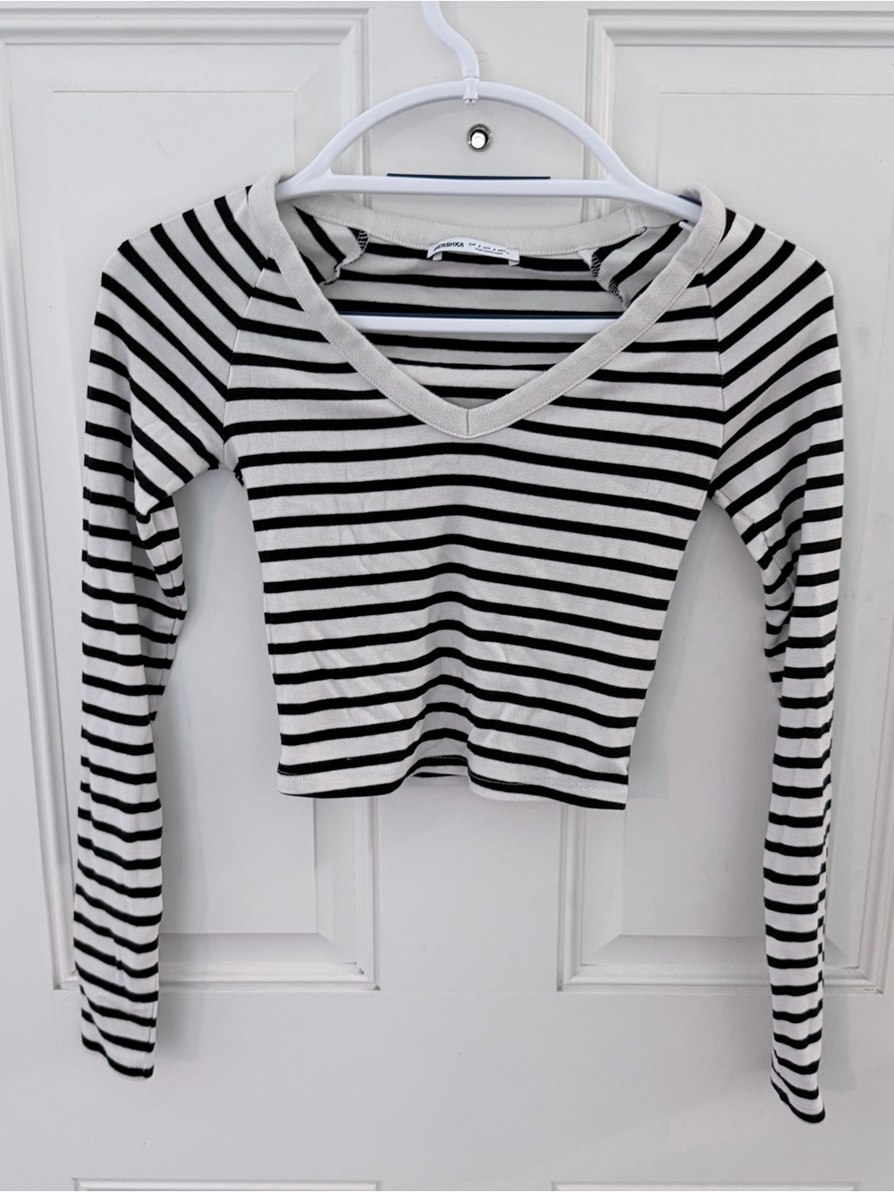 Bershka Striped Long Sleeve Crop Top S | Black White
